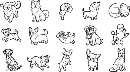 Fototapeta premium Collection of hand drawn dog breeds in various poses isolated on transparent background