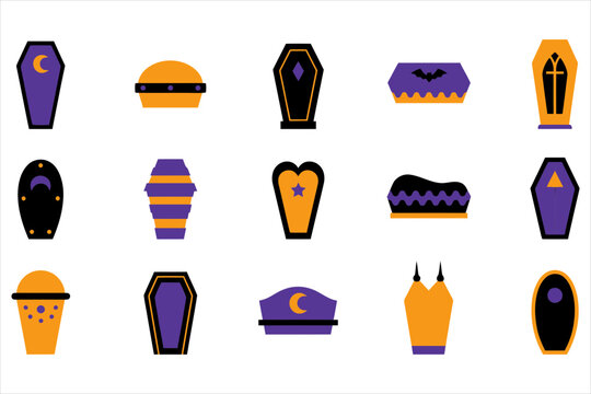 Colorful halloween icons featuring coffins ghosts and other spooky elements