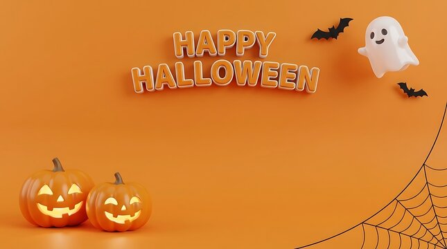 Happy halloween text banner with glowing jackolanterns ghost and bats, halloween