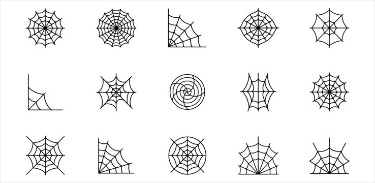 Collection of various black and white spiderweb designs on a white background