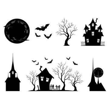 Spooky halloween elements including haunted houses bats trees and a full moon