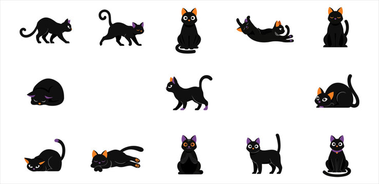 Collection of charming black cats in various poses for halloween designs