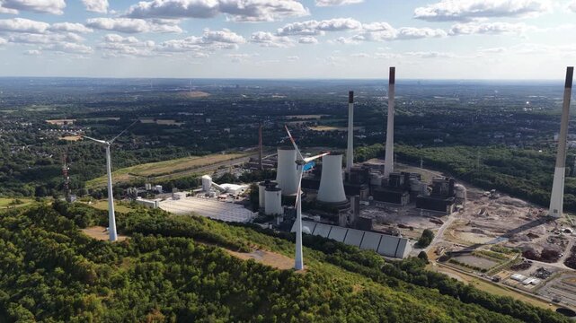 Aerial View of Oberscholven Wind Farm and Scholven Power Plant Demolition