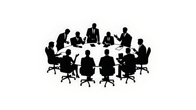 Black silhouette of a business team sitting around a circular conference table during a corporate meeting