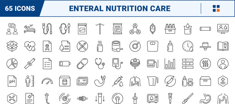 Enteral nutrition tube feeding line icon set. Vector pictograms of nasogastric, gastrostomy, pump, and bag elements, thin linear illustration.