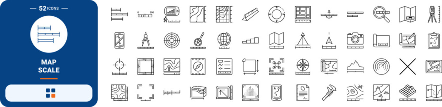 Map scale bar line icon set. Vector pictograms of cartography, gis, navigation, and topographic elements, thin linear illustration.