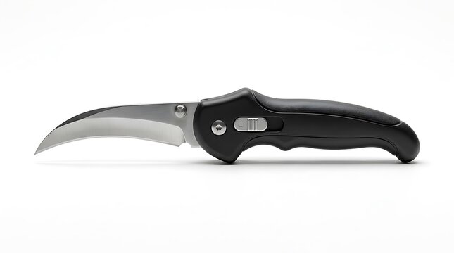 Black handled utility hook knife open on flat surface isolated on white background