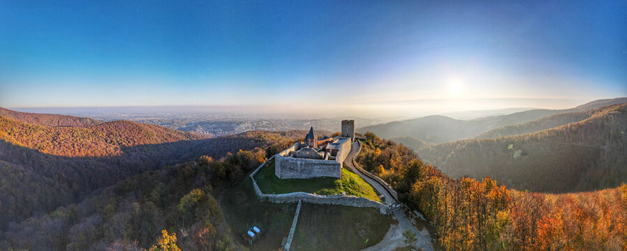 Aerial view of the medieval fortress Medvedgrad perched on the forested slopes of Medvednica mountain during a clear day in Zagreb, City of Zagreb, Croatia.