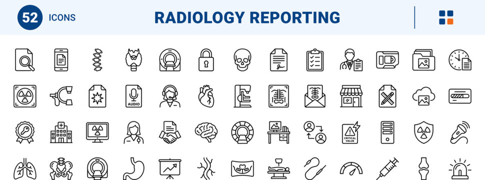 Radiology turnaround report line icon set. Vector pictograms of imaging, diagnostic, scan, and xray elements, thin linear illustration.