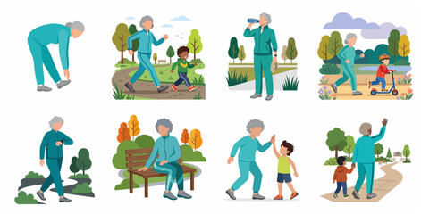 Fototapeta premium Collection of vector illustrations featuring an active senior woman exercising, walking with her grandson, stretching, and staying healthy in an outdoor park setting.
