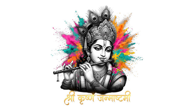 Lord krishna playing flute with colorful powder explosion isolated on transparent background