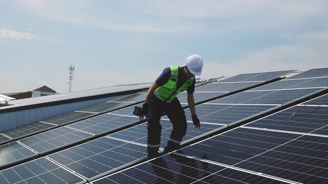 Technician installing solar panels on factory roof for green energy. A skilled technician in safety gear is working on a solar panel installation on rooftop. clean energy renewable power technology.