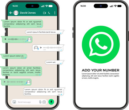 WhatsApp smartphone mockup displaying chat conversation interfaces, Modern mobile messaging application layout design,