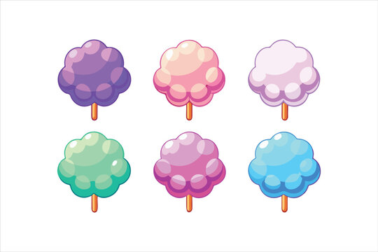 Colorful cartoon cotton candy sticks isolated on transparent background
