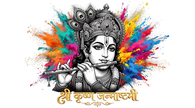 Lord krishna with peacock feather playing flute isolated on transparent background