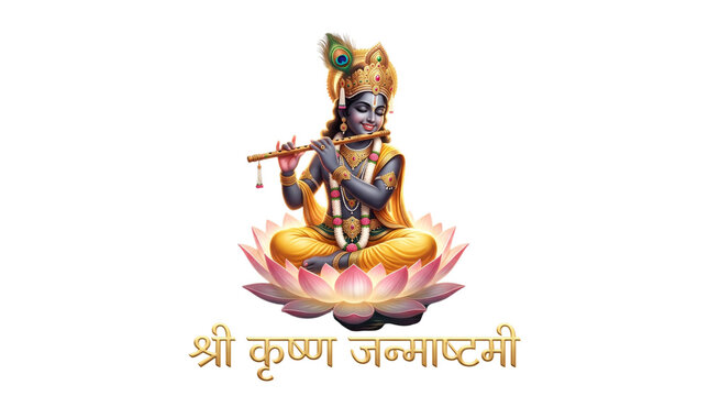 Lord krishna playing flute on lotus, janmashtami greeting isolated on transparent background