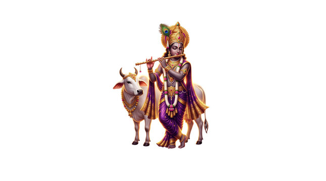 Lord krishna with cow playing flute isolated on transparent background