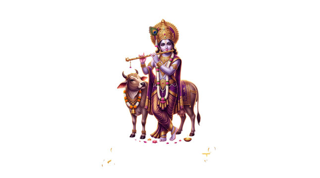 Lord krishna with cow playing flute isolated on transparent background