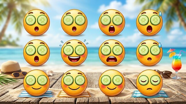 Set of Summer Theme Yellow Emoji Characters with Cucumber Eye Masks Displaying Surprised and Relaxed Expressions emoji emoticon summer character clipart yellow cucumber eye surprised cute shocking