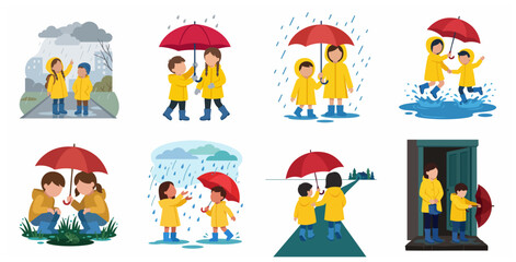 Fototapeta premium Set of flat vector illustrations of cute children in yellow raincoats and blue boots playing in the rain with red umbrellas, jumping in puddles and enjoying outdoor rainy weather activities.