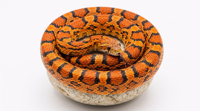 Coiled orange corn snake on a white background, isolated reptile pet portrait
