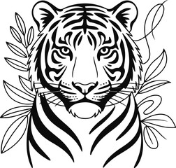 Obraz premium Tiger head with leaves and jungle foliage in a striking black and white design
