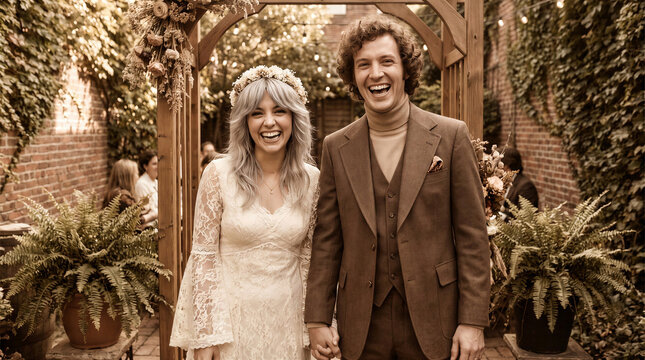 Couple smiling and holding hands in a garden during wedding ceremony  