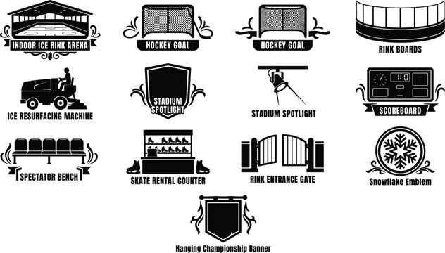 Indoor ice rink stadium facilitie and arena emblem vector icons set with text labels