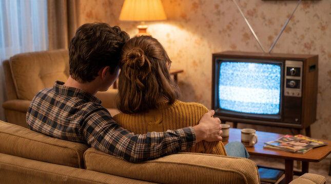 Couple watching vintage television with static in cozy living room  