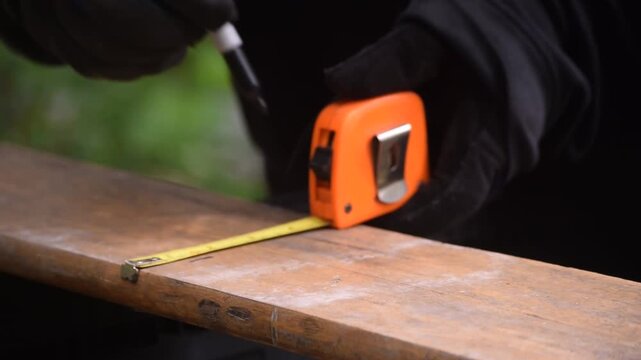 Close-up angled view of a person using a tape measure to measure and mark a wooden board lengthwise, illustrating precision carpentry, woodworking, and DIY construction.