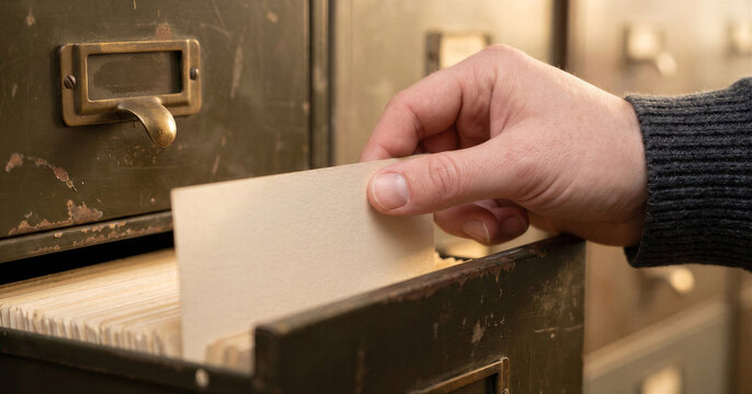 Hand inserting blank card into old metal filing cabinet drawer  