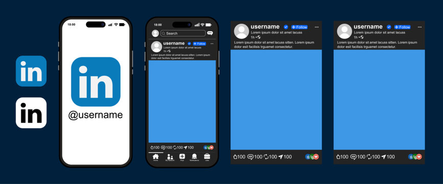 LinkedIn social network user interface template set displayed on dark mode iPhone mockups, featuring post layouts and feed frames, ideal for modern digital marketing assets