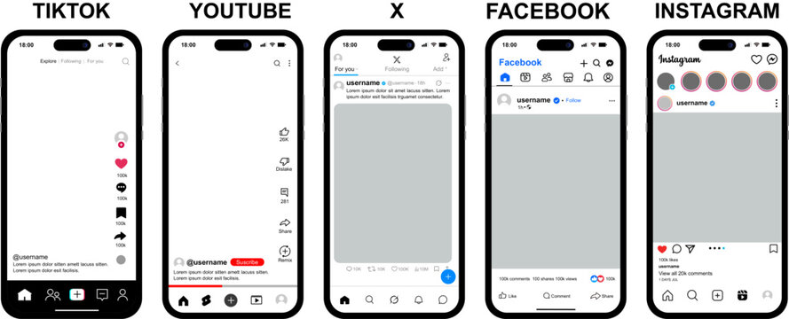 TikTok, YouTube, X, Facebook, and Instagram mobile app mockups, Vector design featuring popular social media platform templates, Mobile phone screens with customizable user interface layouts
