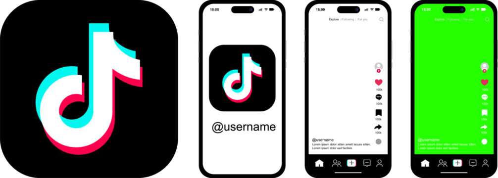 TikTok mobile app mockup with official logo, Smartphone screens showing user profile layout, Vector illustration of a clean video player interface
