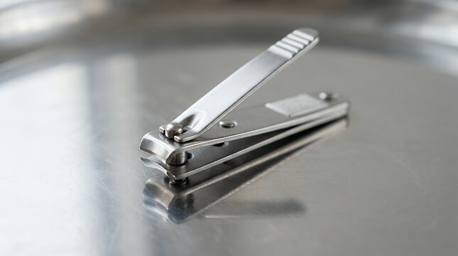 Stainless steel nail clipper grooming tool placed on reflective metal surface close up background nail clipper metal surface stainless steel grooming tool reflective surface close up personal care