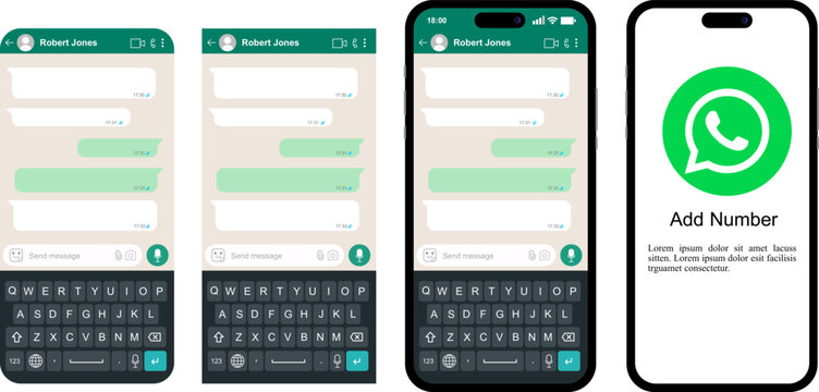 WhatsApp messenger application interface mockup on mobile phone, digital chat screen with green template layout and keyboard, smartphone messaging communication vector illustration