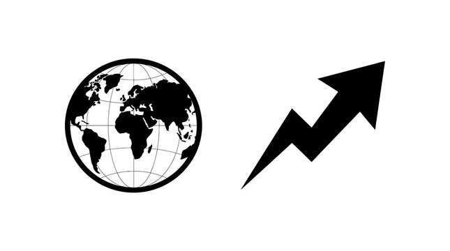 A black and white graphic illustration featuring a globe of the world next to an upward pointing jagged growth arrow icon