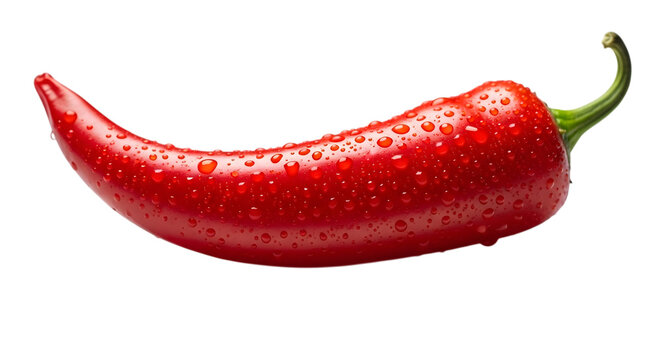 A vibrant glistening red chili pepper with water droplets beautifully presented and isolated on transparent background