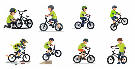 Fototapeta premium Set of vector illustrations featuring a young boy performing various BMX bike activities, stunts, and maintenance, isolated on white background.