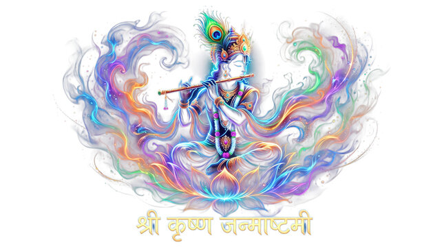 Lord krishna playing flute with colorful smoke and lotus flower isolated on transparent background
