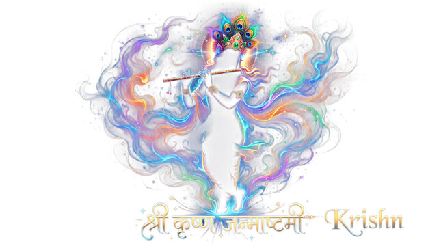 Silhouette of lord krishna playing flute with colorful smoke isolated on transparent background