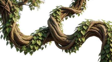 Naklejka premium Spiral twisted jungle vine grows on white background. Thick liana branch with green leaves twists in organic shape. Tropical plant root grape vine segment isolated for design. Natural woody stem with