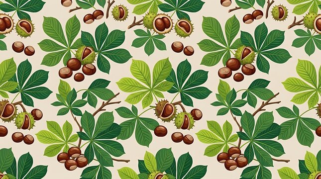 Seamless Pattern of Chestnut Seeds and Green Leaves on Light Beige Surface Background seamless pattern repeat repeating tileable chestnut chestnuts buckeye nuts seeds leaves foliage green brown beige