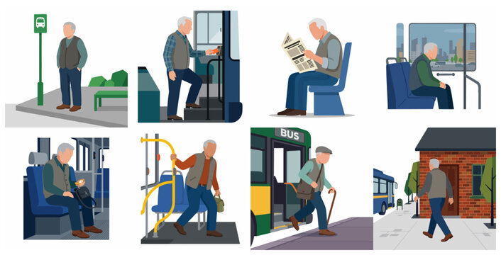 Set of flat vector illustrations showing a senior man's journey using public bus transportation including boarding, sitting, and walking home.