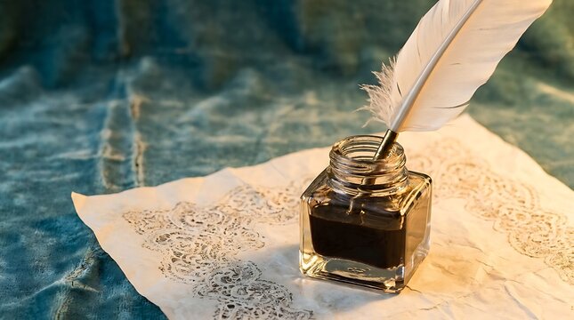 Vintage quill pen in glass inkwell with parchment paper for historical writing or calligraphy