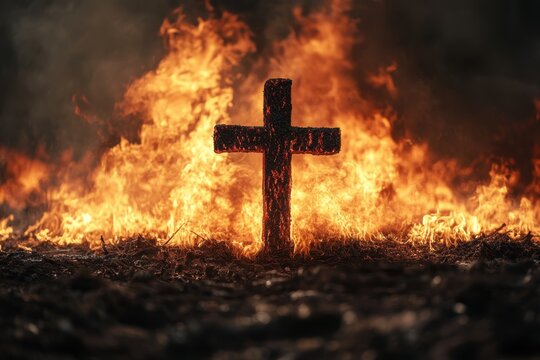 Cross on fire on black background. Burning cross on a bonfire, symbolizing one of the Protestant martyrs