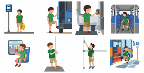 Fototapeta premium Schoolboy using public transportation bus set of illustrations, from waiting at the stop, paying with card, sitting, and getting off