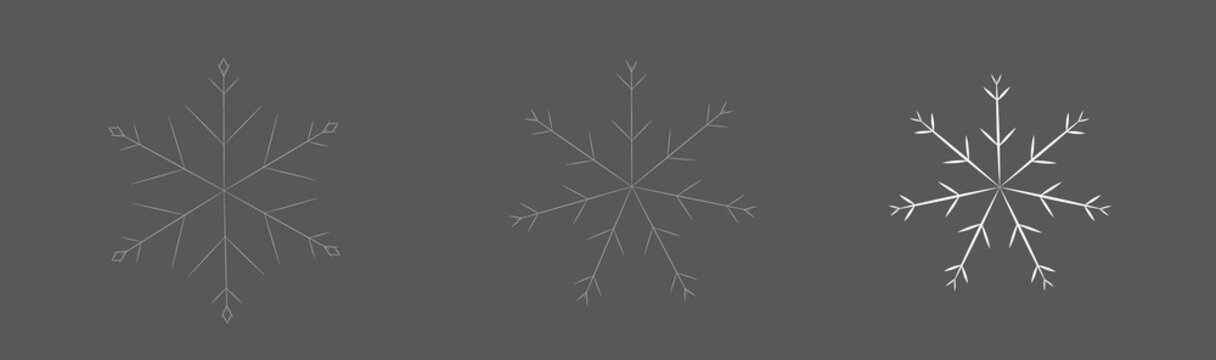 Minimalist white snowflake icons set with geometric line details isolated on grey background