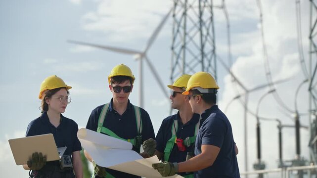 Engineers wearing safety helmets and jackets inspecting a wind turbine at wind farm at sunset. Concept renewable energy, sustainable technology wind power maintenance and environmental engineering.