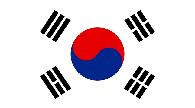 South Korea national flag with red and blue taegeuk symbol and black trigrams on white background